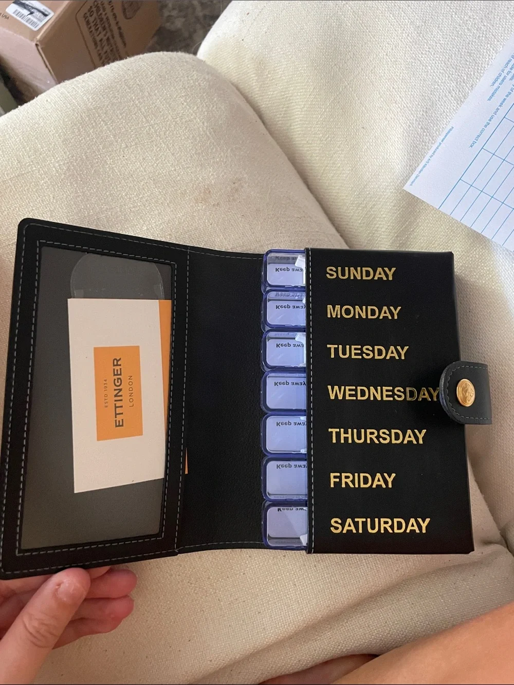 Ettinger Black Weekly Pill Organizer with Gold Day Labels